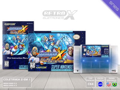 Mega Man X Collection X2 e X3 X2X3 Super Nintendo Completo - coletanea chip especial Cartucho Translucido COM LEDS