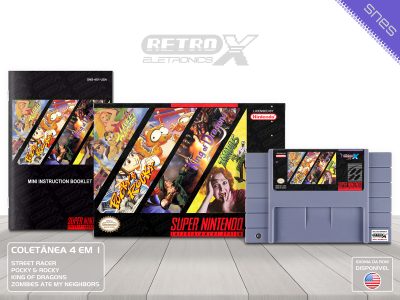 Super 4x1 Street Racer - Pocky Rocky - King of Dragons - Zombies Super Nintendo Completo - coletanea