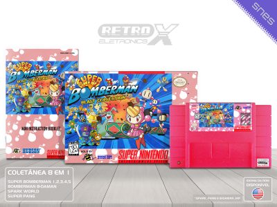 Super Bomberman Blast Collection ROSA CUSTOM Nome Normal Super Nintendo Completo - especial coletanea Cartucho Rosa Gliter
